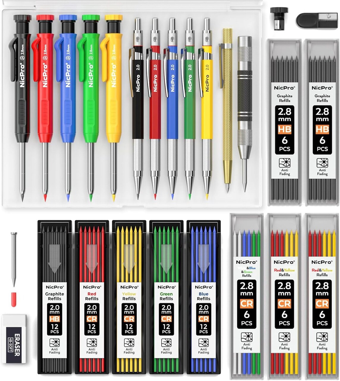 27 Pack Carpenter Pencils for Woodworking, Construction Mechanical Pencil with 100 Refill, Automatic Center Punch and Carbide Scribe Carpenter Tool, Construction Pencil for Carpenters Marking